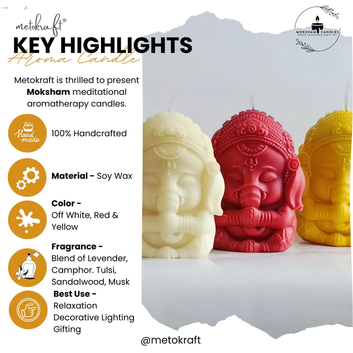 Moksham 'Lord Ganesha' Meditational Aromatherapy Candle, Set of 3 pcs (Off White, Red & Yellow)