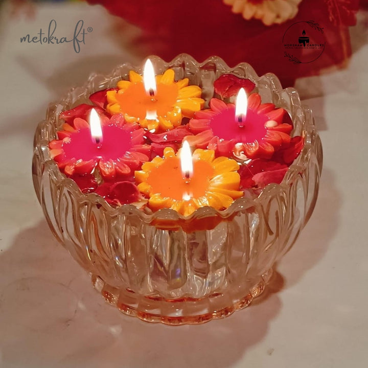 Moksham 'Sun Flowers' Floating Candle, Set of 6 pcs (Red, Pink & Yellow)