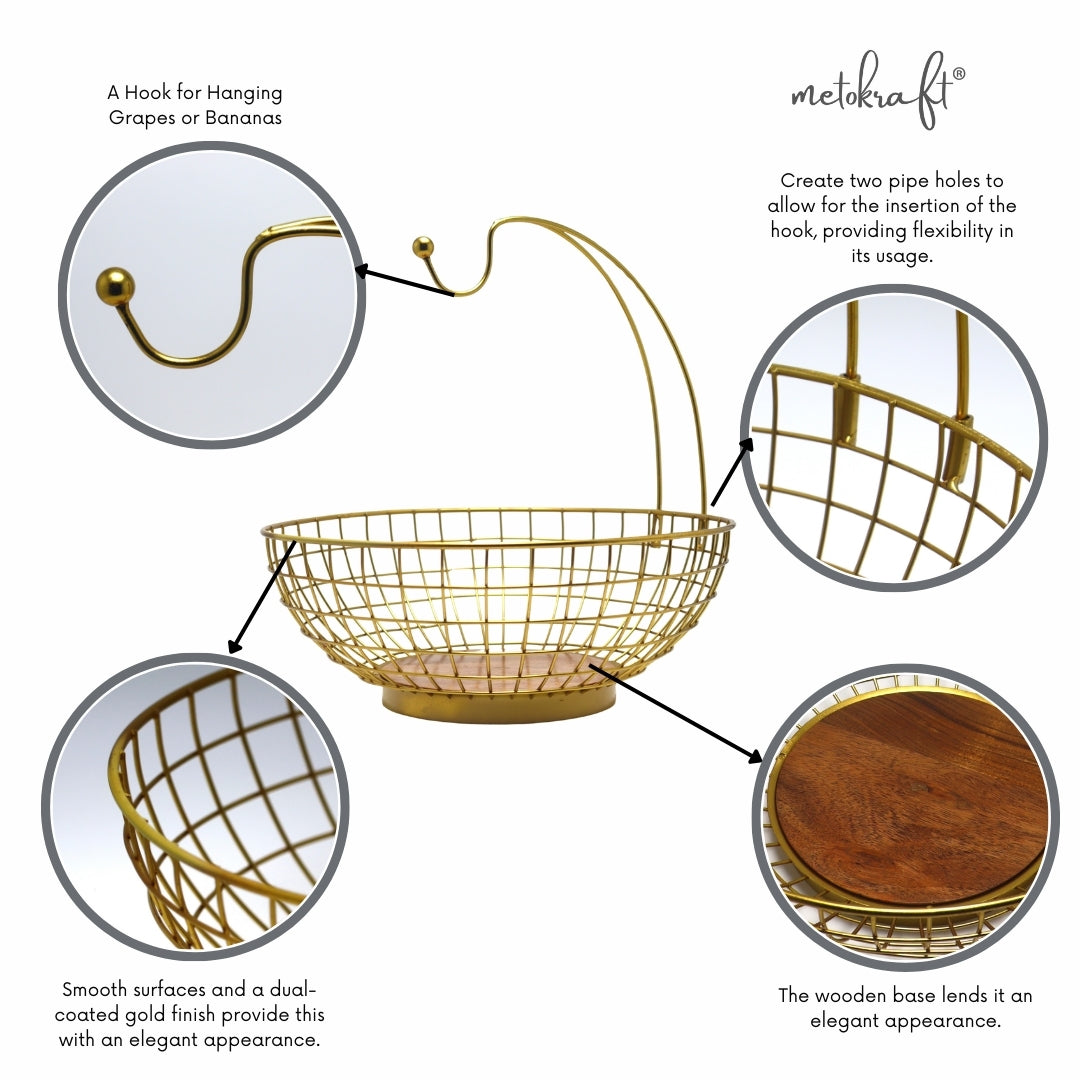 METOKRAFT - Iron Wire Basket for Fresh Fruits, Vegetables, (Gold)