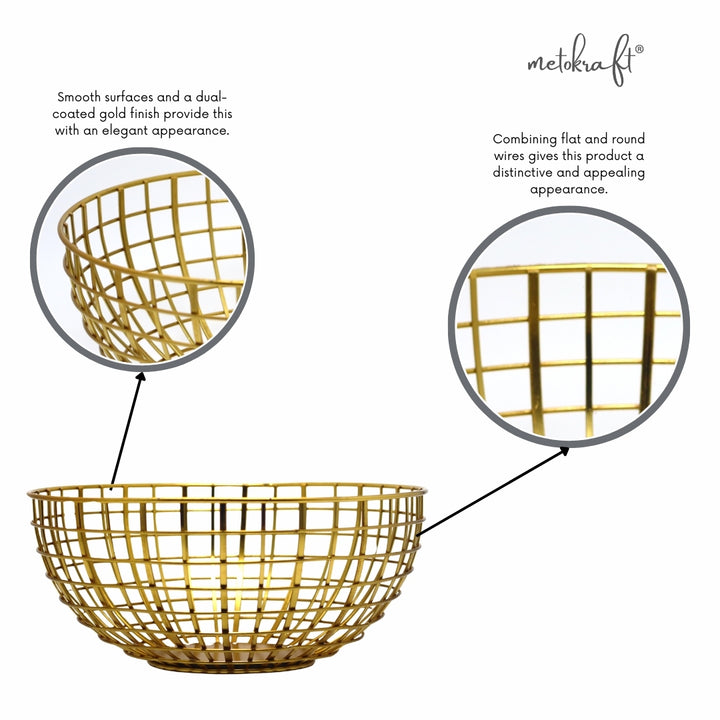 METOKRAFT - Iron Wire Basket for Fresh Fruits, Vegetables, (Gold)