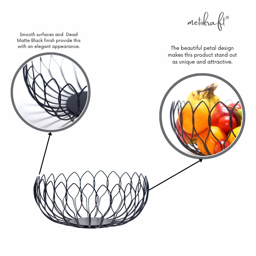 'Black Lotus' Iron Wire Basket for Fresh Fruits, Vegetables, (Matte Black)