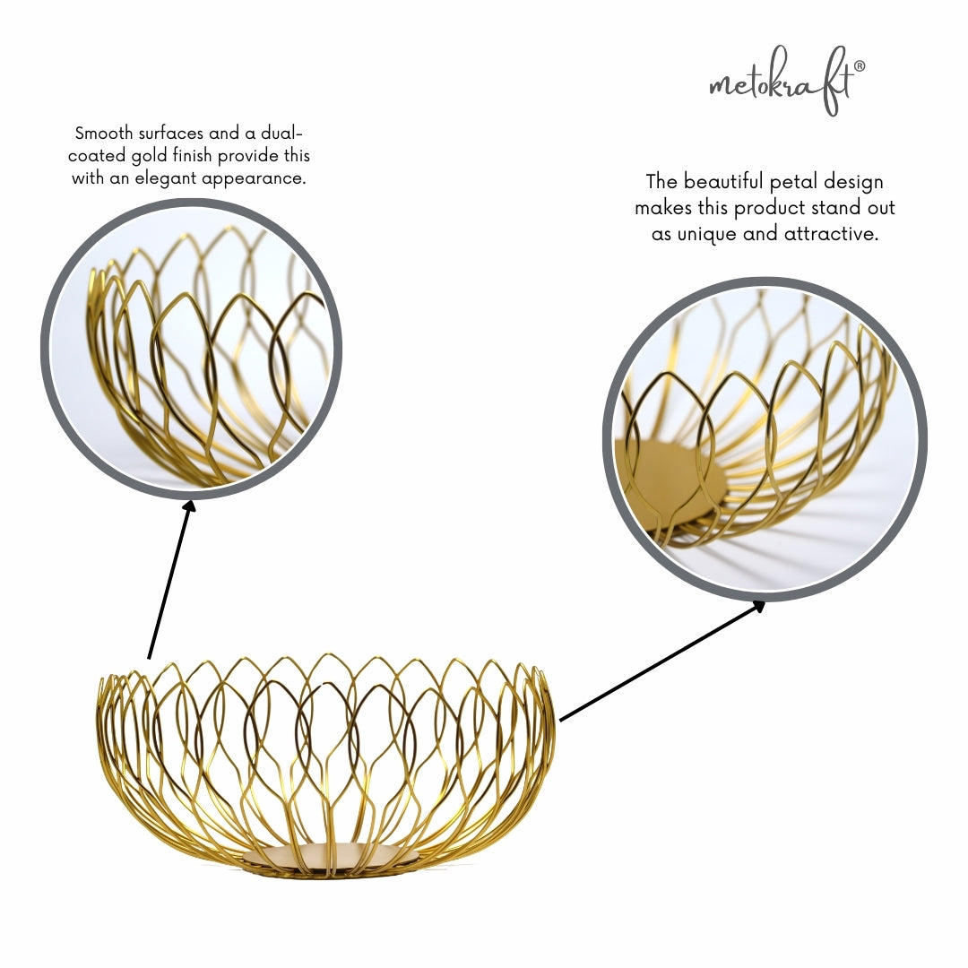 'Golden Lotus' Iron Wire Basket for Fresh Fruits, Vegetables, (Gold)