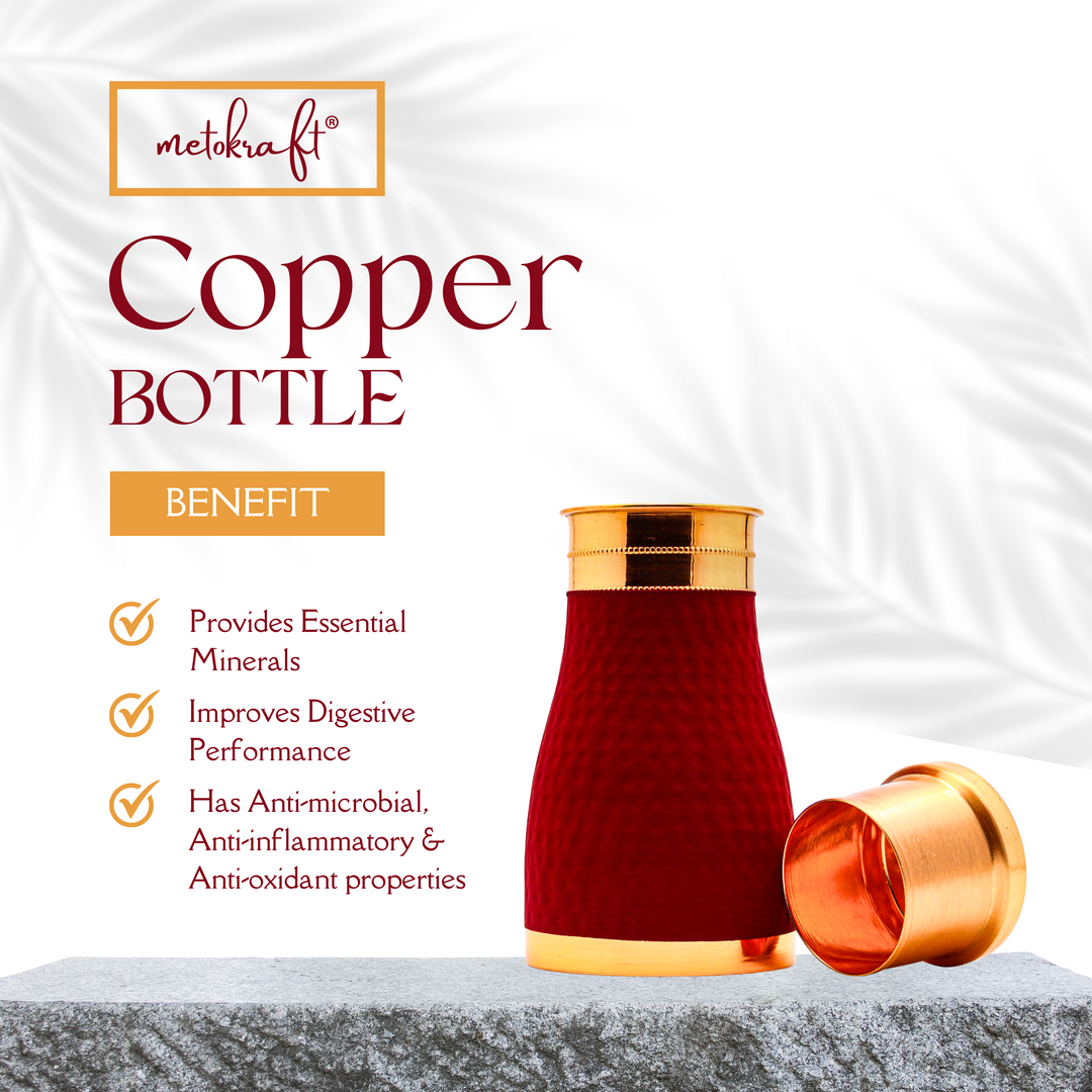 Metokraft Best Quality 100% Pure Hand-made Copper Water Bottle in Red Velvet