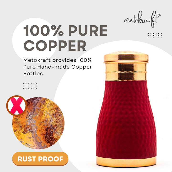 Metokraft Best Quality 100% Pure Hand-made Copper Water Bottle in Red Velvet